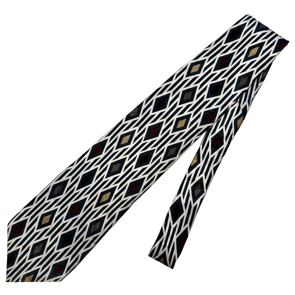 INDEX Vintage Men's Diamond Geo Pattern Silk‎ Tie • white, blue, multicolor